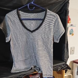 Massini Black and White Striped V-Neck Tee